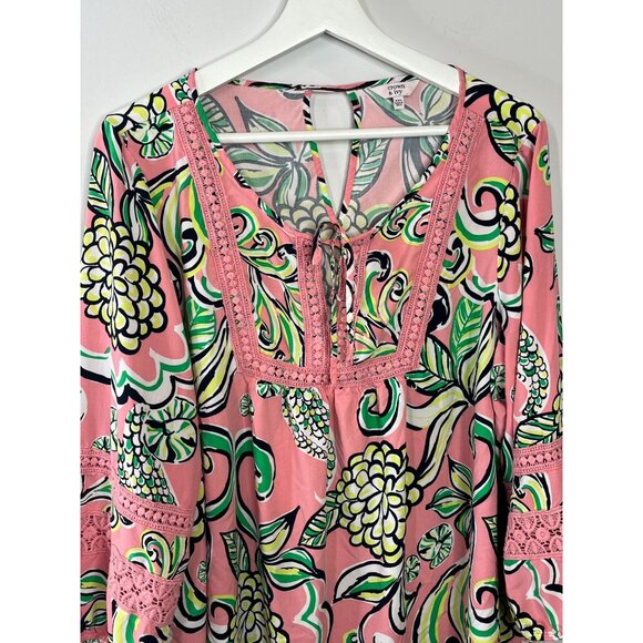 Crown and Ivy Top Womens XXL Shirt Peasant Blouse Pink Green Work Casual Floral - Picture 2 of 16